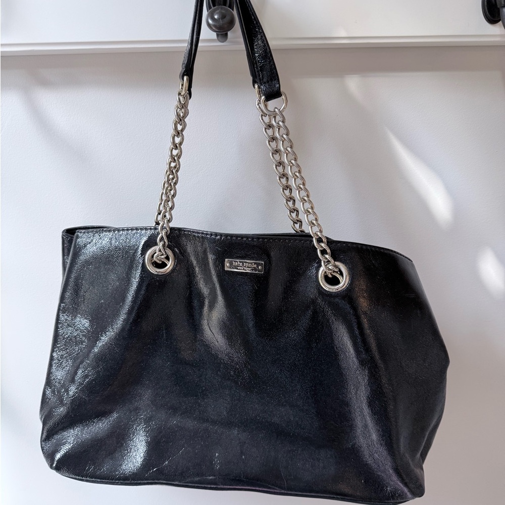 Kate Spade Black Leather Tote Bag with Chain Straps